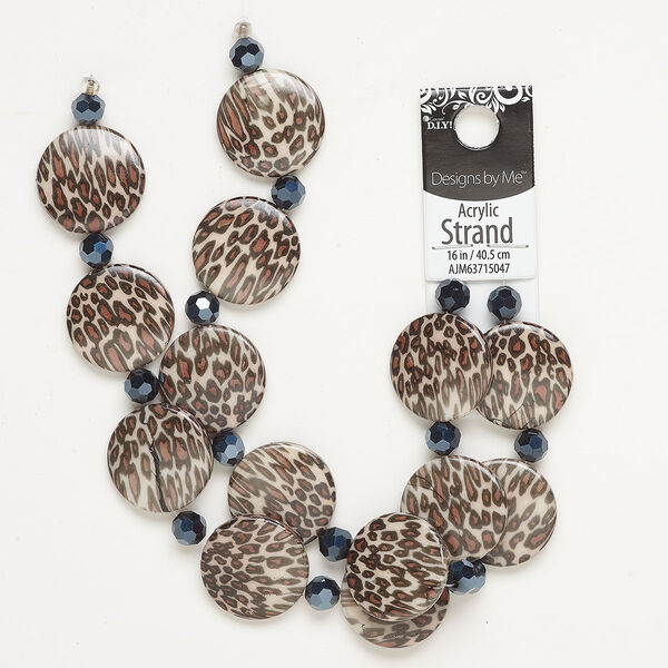 Bead, acrylic, pkg/16 inch, dark blue/brown/tan, 8mm faceted round/25mm puffed flat round. image number 0
