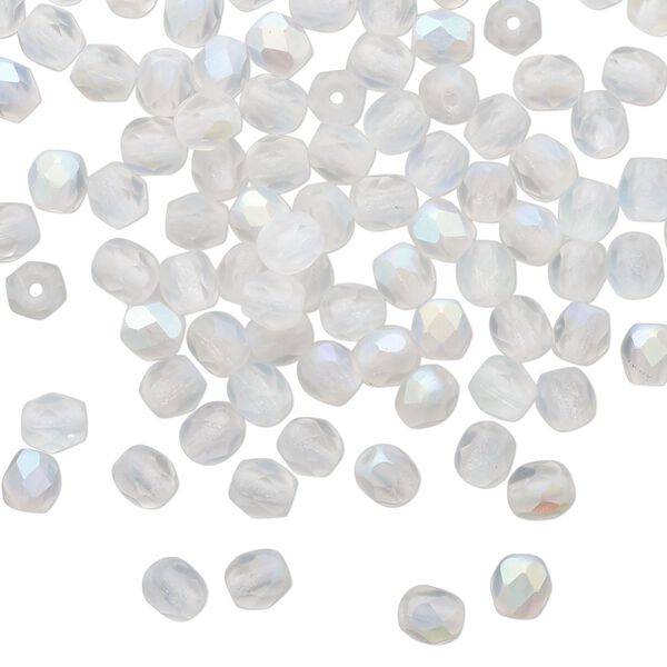 Bead 1pkg100 Czech fire-polished glass, 4mm faceted round, translucent matte opal AB image number 0