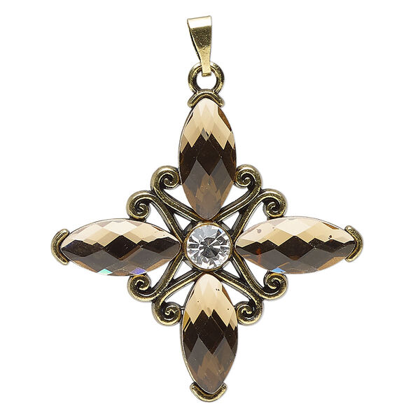 Pendant, antique gold-finished brass and glass, topaz brown and clear, 38mm diamond. Sold individually. image number 0