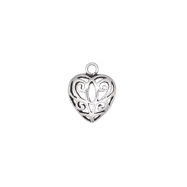 Charm, antiqued sterling silver, 11.5mm single-sided domed heart with cutout butterfly. Sold individually. image number 0