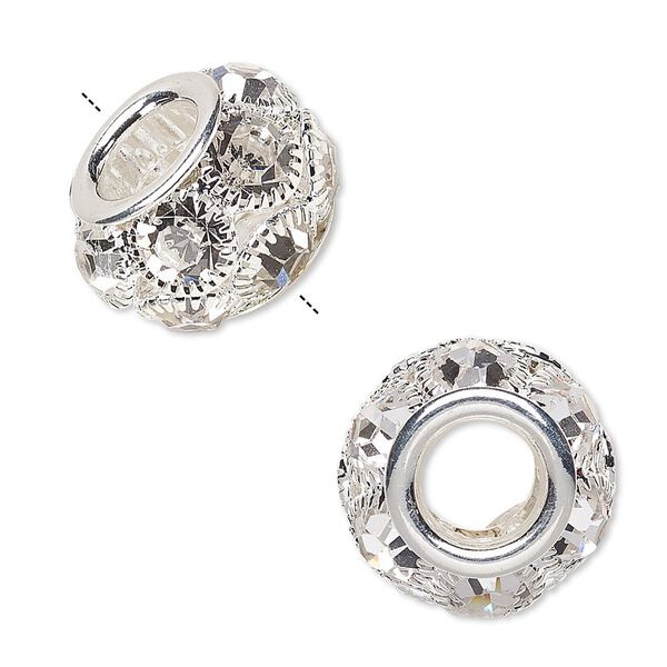 Bead, Egyptian glass rhinestone and silver-plated "pewter" (zinc-based alloy), clear, 18x12mm rondelle with 8mm hole. Sold individually. image number 0