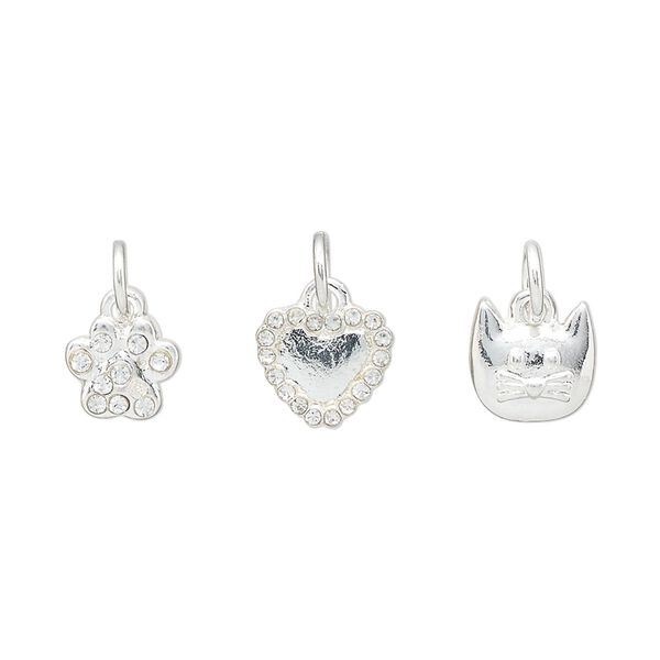 Charm assortment, silver-finished "pewter" (zinc-based alloy) and glass rhinestone, clear, 9x8mm heart / 8x8mm cat face / 8x7mm paw print. Sold per 3-piece set. image number 0