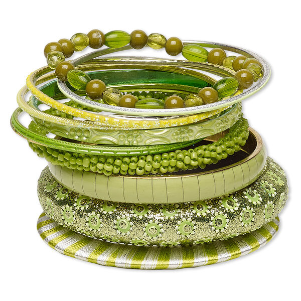 Bracelet, bangle, resin / polyester / glass / brass / gold-finished aluminum, assorted colors with glitter, 2.5-17mm wide, 7-1/2 to 8 inches. Sold per 12-piece set. image number 0