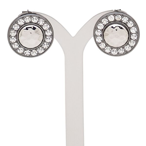 Earring, glass rhinestone / stainless steel / gunmetal- / imitation rhodium-finished brass / "pewter" (zinc-based alloy), clear, 20mm with round and post. Sold per pair. image number 0