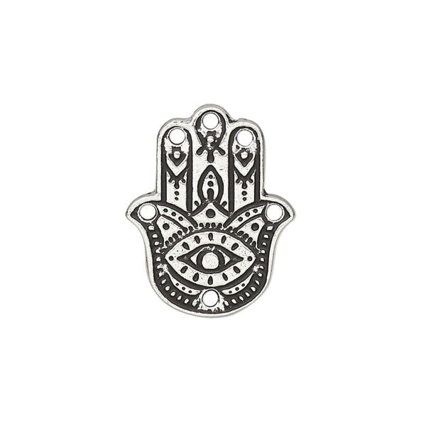 Connector, TierraCast®, "Caravan" collection, antique silver-plated pewter (tin-based alloy), 22x17.5mm double-sided Hamsa hand with 6 holes. Sold per pkg of 20. image number 0