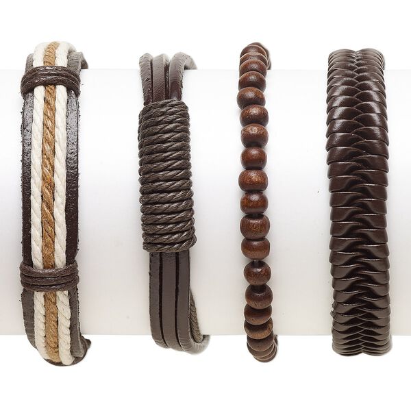 Bracelet mix, Everyday Jewelry, leather (dyed) / faux leather (dyed) / Japanese pagoda wood / waxed cotton cord, brown and white, 5-13.5mm wide, 7-8 inches. Sold per pkg of 4. image number 0