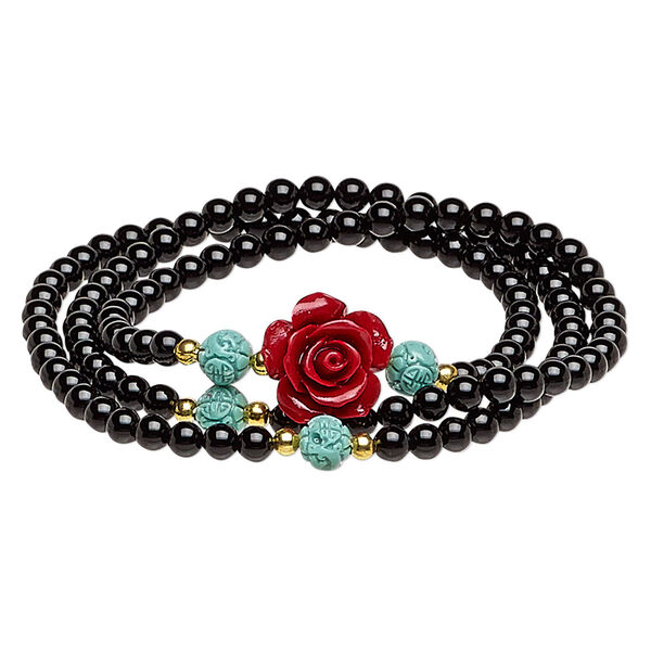 Bracelet, stretch wrap, black onyx (dyed) / resin / gold-finished steel, turquoise blue and red, 15mm hand-cut rose, 7 inches. Sold individually. image number 0