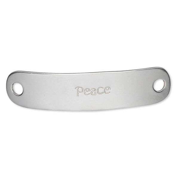 Focal, Hill Tribes, silver-plated brass, 43x10mm single-sided curved rectangle with "Peace." Sold individually. image number 0