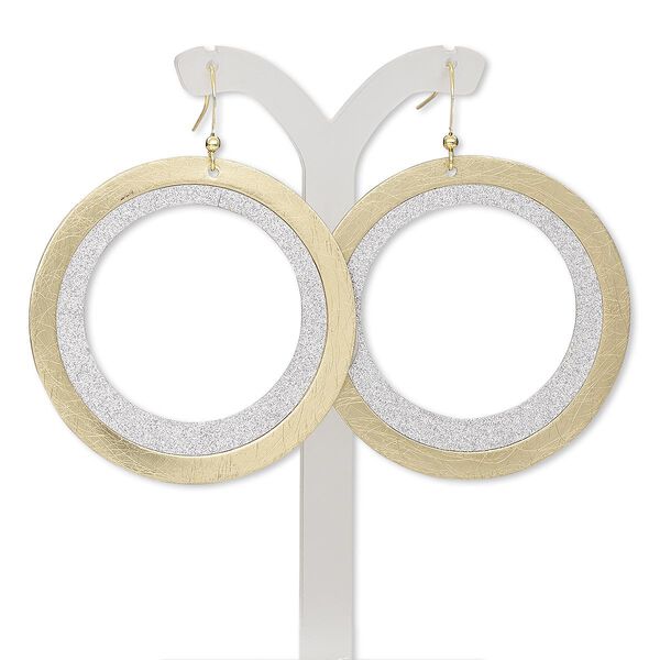 Earring, gold-finished / imitation rhodium-plated steel / brass, 2-1/2 inches with brushed and stardust open round with fishhook ear wire. Sold per pair. image number 0