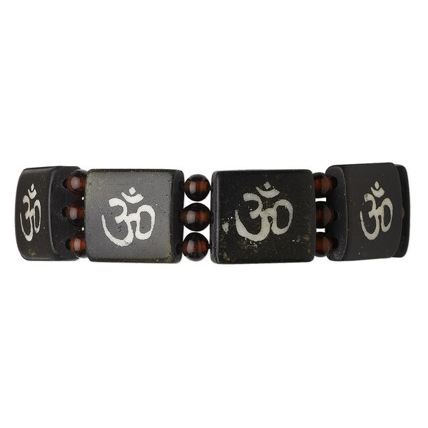 Bracelet, 3-strand stretch, bone (dyed) and glass, black and brown, 17x17mm flat square with Om symbol design, 7 inches. Sold individually. image number 0