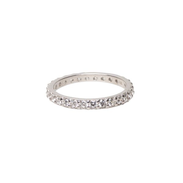 Ring, cubic zirconia and rhodium-plated sterling silver, clear, 3mm wide eternity band, size 7. Sold individually. image number 0