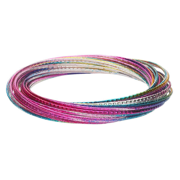 Bracelet, bangle, painted steel, metallic multicolored, 12mm wide with (30) interlocking textured bands, 8 inches. Sold individually. image number 0
