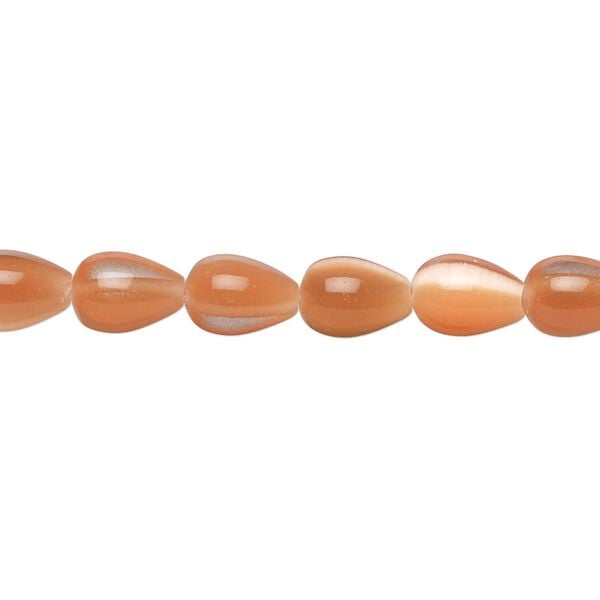 Bead, cat's eye glass (fiber optic glass), orange, 8x6mm teardrop. Sold per 15-inch strand. image number 0