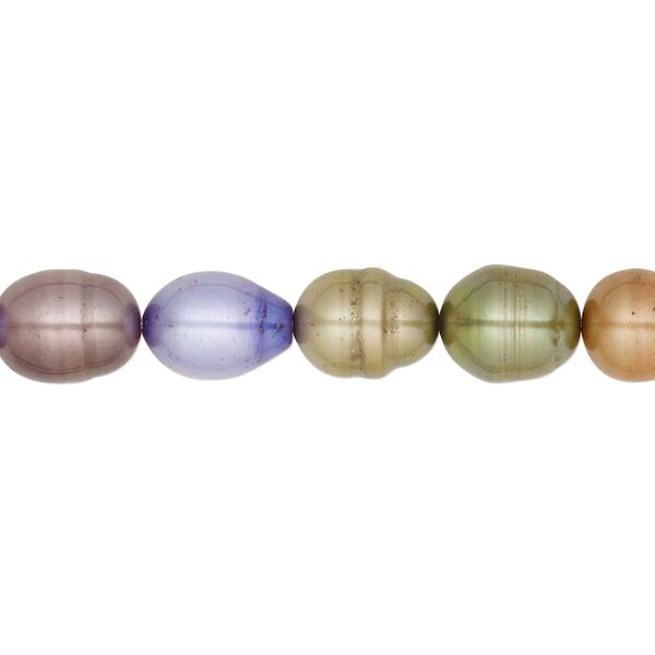 Pearl, cultured freshwater (bleached / dyed), multicolored, 9-10mm rice, D grade, Mohs hardness 2-1/2 to 4. Sold per 18-inch strand. image number 0