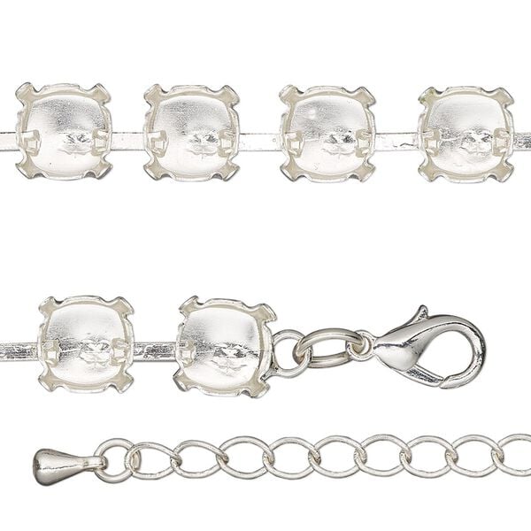 Necklace component, silver-finished brass and steel, 8mm wide cupchain with (43) SS39 settings, 20 inches with 3-inch extender chain and lobster claw clasp. Sold individually. image number 0