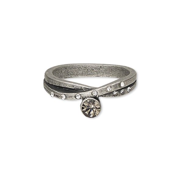 Ring, glass rhinestone and antique silver-finished "pewter" (zinc-based alloy), grey and clear, 7mm wide, size 8. Sold individually. image number 0
