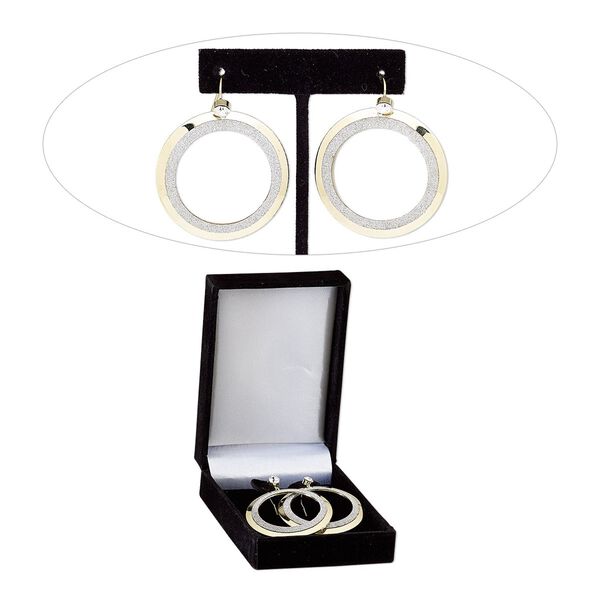 Earring, Czech glass rhinestone with gold-finished brass and steel, clear with silver-colored glitter, 2-1/4 inches with two-tone round donut and fishhook ear wire. Sold per pair. image number 0