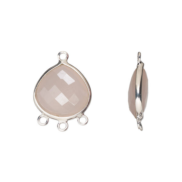 Drop, sterling silver and pink chalcedony (dyed), 15x14mm hand-cut double-sided faceted teardrop with 3 closed loops, Mohs hardness 6-1/2 to 7. Sold individually. image number 0