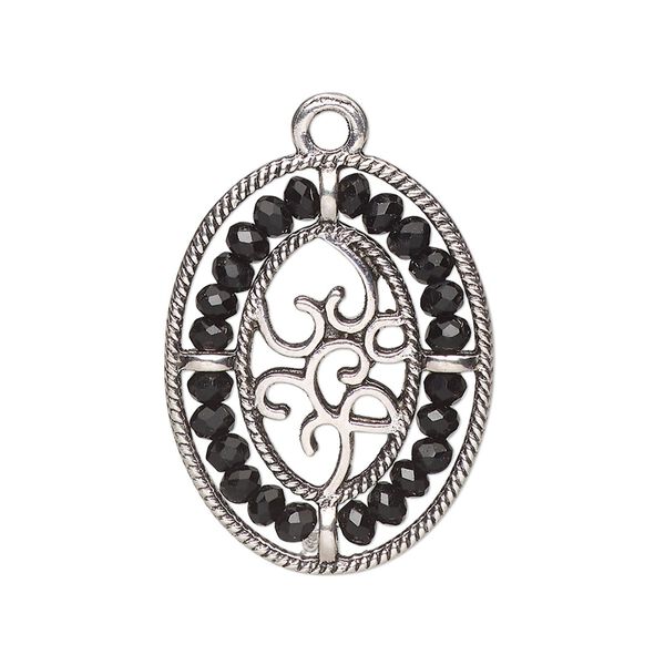 Drop, antique silver-finished "pewter" (zinc-based alloy), black, 28x21.5mm oval with hearts and beaded border. Sold per pkg of 2. image number 0