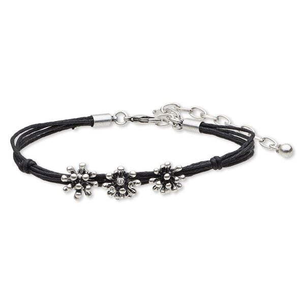 Bracelet, 5-strand, crystals / waxed cotton cord / antique silver-finished steel / brass / "pewter" (zinc-based alloy), black, 4mm wide with 12mm fancy flower, 7-1/2 inches with 3-inch extender chain and lobster claw clasp. image number 0