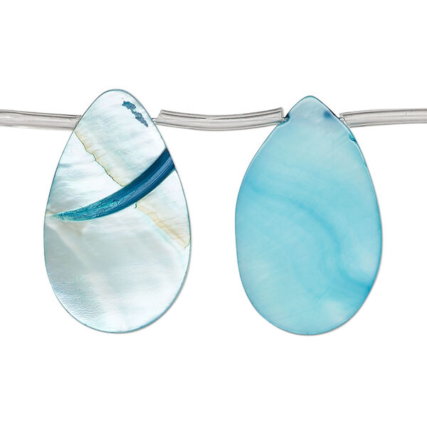 Bead, mother-of-pearl shell (dyed), blue, 25x6mm-25x9mm top-drilled flat teardrop, Mohs hardness 3-1/2. Sold per 14-inch strand, approximately 15 beads. image number 0