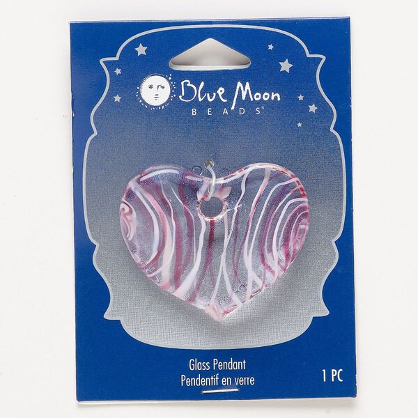 Focal, lampworked glass, clear / opaque pink / white, 46x37mm-47x38mm wavy heart with striped design. Sold individually. image number 0
