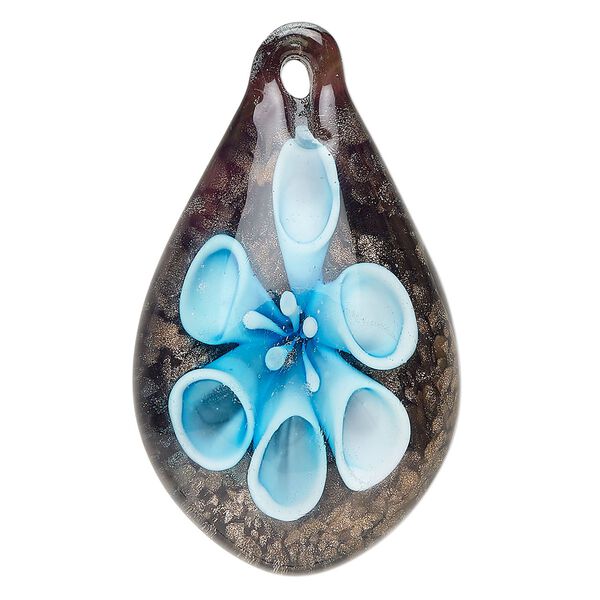 Focal, lampworked glass, opaque black / clear / blue, 46x33mm-54x35mm domed teardrop with copper-colored glitter. Sold individually. image number 0