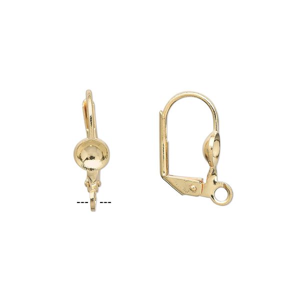 Ear wire leverback 1pkg10, gold-plated, 17mm / 5mm glue-in cup / open loop / 5-7mm round setting, brass 5 pair image number 0