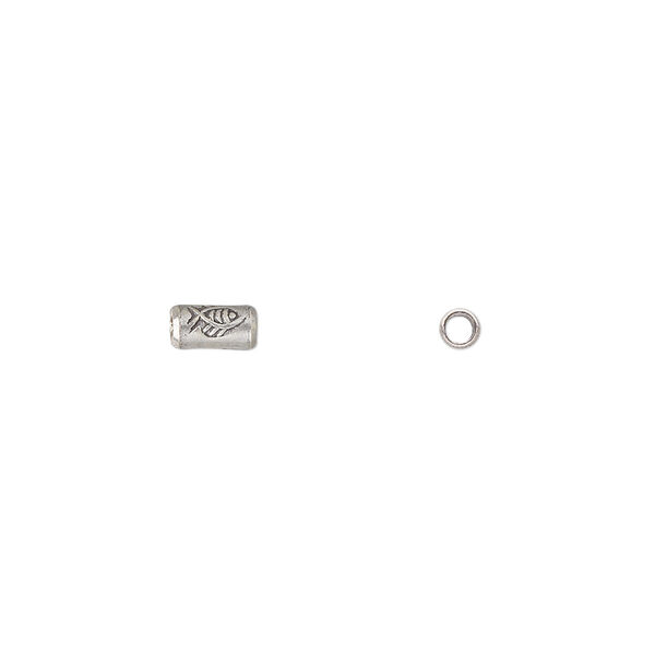 Bead, Hill Tribes, antiqued sterling silver, 5x3mm tube with fish design. Sold per pkg of 10. image number 0