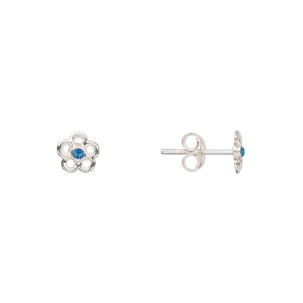 Earstud, Create Compliments®, sterling silver and crystal, Capri blue, 6mm flower. Sold per pair. image number 0
