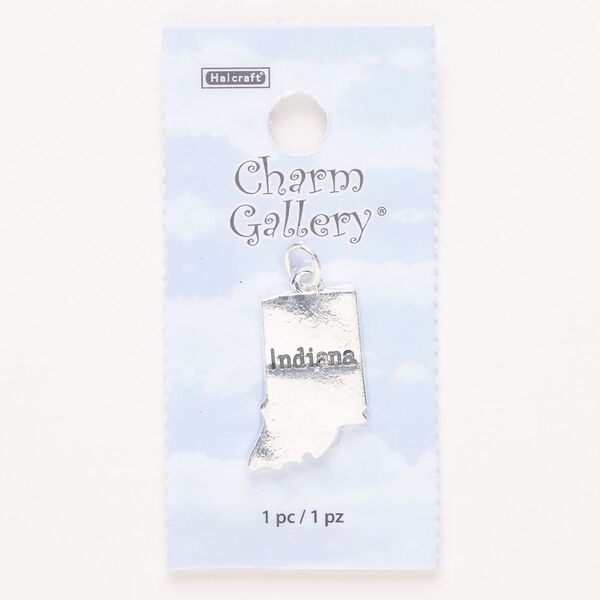 Charm, steel and enamel, pkg/1, silver finish and black, 23x16mm with "Indiana." image number 0
