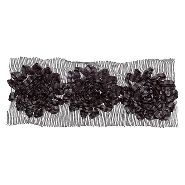Sew-on component, fabric, black and silver, 2-3/4 to 3-1/4 inch rose with plaid design. Sold per pkg of 3. image number 0