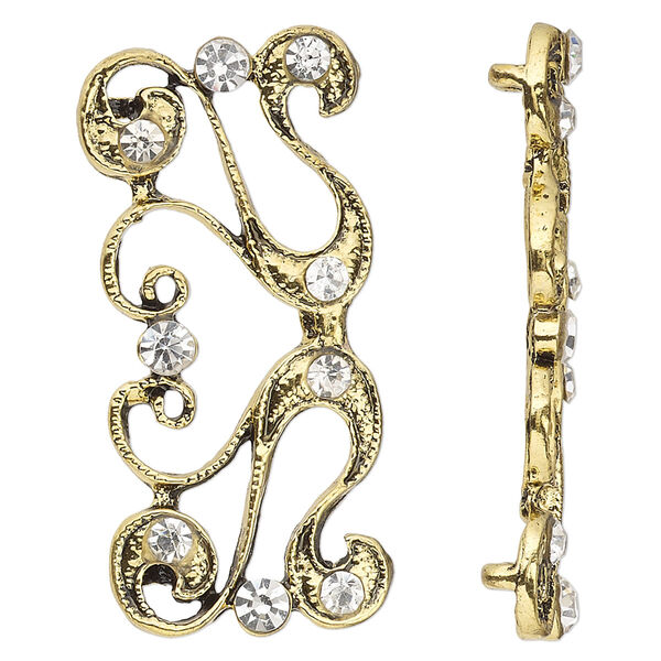 Spacer, antiqued gold-finished "pewter" (zinc-based alloy) and Czech glass rhinestone, clear, 40x19mm 2-strand fancy rectangle. Sold per pkg of 4. image number 0