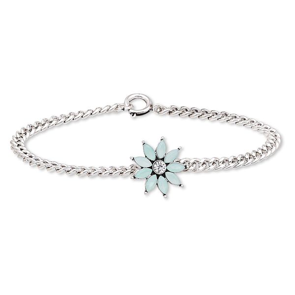 Bracelet, acrylic / glass rhinestone / silver-plated steel / "pewter" (zinc-based alloy), light blue and clear, 18x18mm flower, 7 inches with springring clasp. Sold individually. image number 0