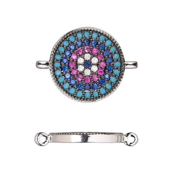 Link, cubic zirconia and silver-finished brass, multicolored, 16mm single-sided round. Sold individually. image number 0