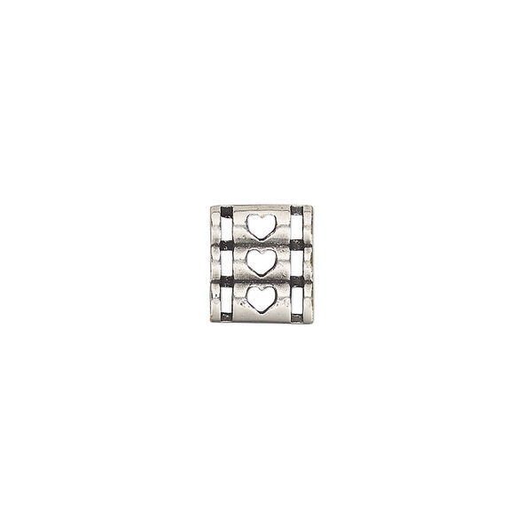 Spacer, antique silver-plated brass, 9.5x8.5mm double-sided 3-strand triple round tube with heart cutout design, fits up to 2mm bead. Sold individually. image number 0