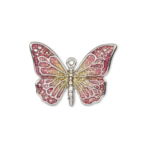 Charm, enamel and imitation rhodium-plated "pewter" (zinc-based alloy), pink and yellow with glitter, 26x19mm single-sided butterfly. Sold individually. image number 0