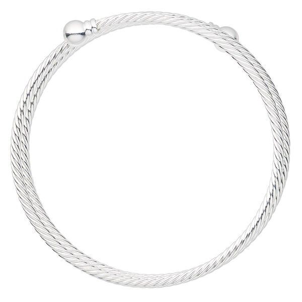 Bracelet, bangle, silver-plated brass, 3.5mm twisted wire with 8mm threaded ball end, adjustable from 9 to 9-1/2 inches. Sold individually. image number 0