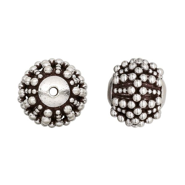 Bead, antiqued sterling silver, 16x13.5mm raised beaded round. Sold individually. image number 0