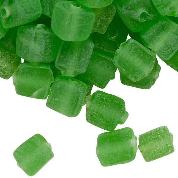 Bead, lampworked glass, translucent frosted green, 9mm cube. Sold per 4-ounce pkg, approximately 95 beads. image number 0