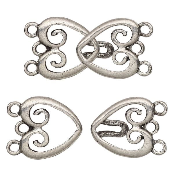 Clasp, 3-strand hook, antiqued pewter (tin-based alloy), 30x16mm double heart. Sold individually. image number 0