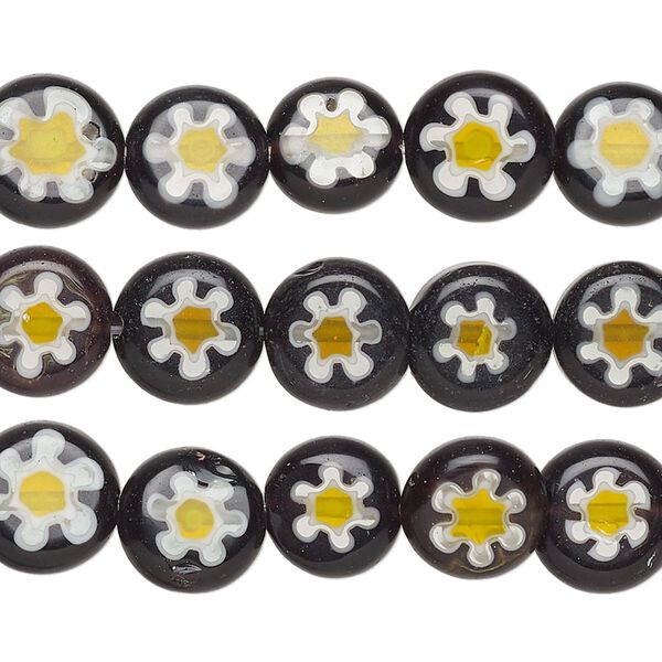 Bead mix, millefiori glass, black, yellow, white and clear, 9-10mm puffed flat round with flower design. Sold per pkg of (3) 14-inch strands. image number 0