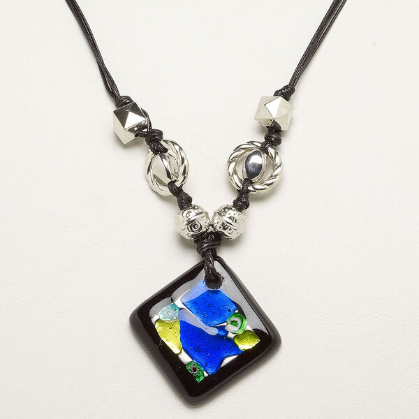 Necklace, glass and plastic, multicolored, 55x42mm diamond pendant with mixed bead accents, 22-inch waxed cotton cord with 2-inch steel extender chain and lobster claw clasp. Sold individually. image number 0
