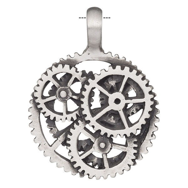 Pendant, Powerful Pewter Pendants, antiqued pewter (tin-based alloy), 46x35mm single-sided round with gears and 6mm hole. Sold individually. image number 0