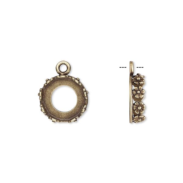 Drop, JBB Findings, antiqued brass, 12mm round with open back and flower design trim, 10mm round bezel setting. Sold per pkg of 2. image number 0