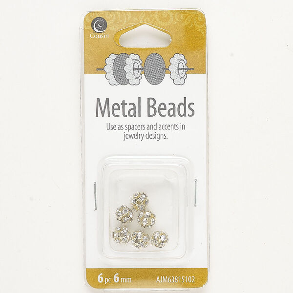 Bead, gold-finished brass and glass, clear, 6mm round. Sold per pkg of 6. image number 0