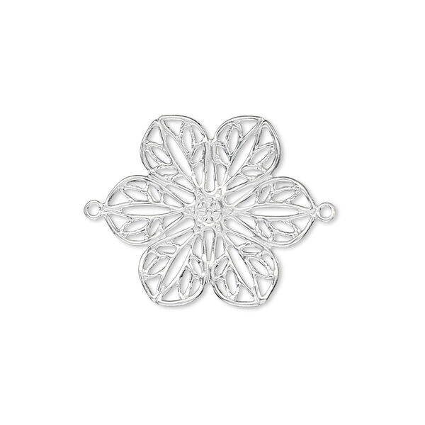 Link, silver-finished brass, 26x20mm filigree flower. Sold per pkg of 10. image number 0