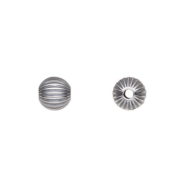 Bead, antiqued sterling silver, 8mm seamless corrugated round. Sold per pkg of 50. image number 0