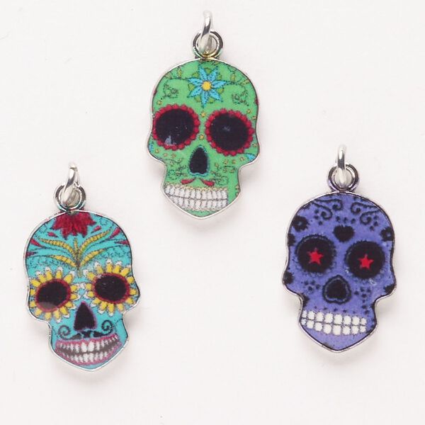 Charm, silver-finished steel and enamel, mixed colors, 22x13mm-23x14mm single-sided sugar skull. Sold per pkg of 3. image number 0