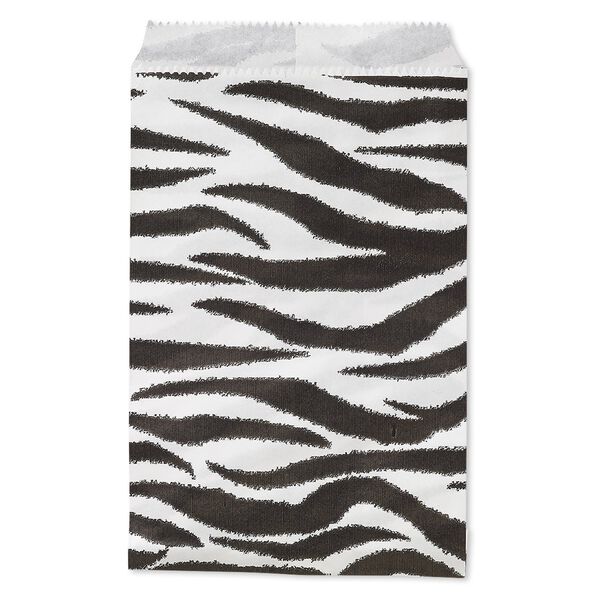 Bag, paper, white and black, 6x4 inches with zebra print and scalloped top edge. Sold per pkg of 100. image number 0